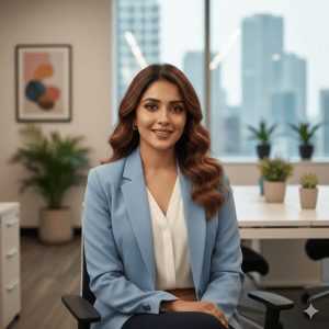 "A confident young businesswoman in a light blue blazer sitting in a modern office, smiling professionally with a cityscape in the background."