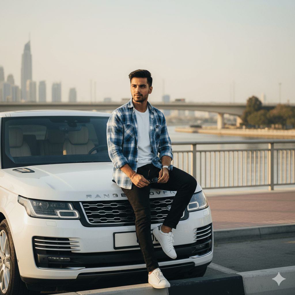 “Hyper-realistic cinematic photo of a stylish young man in plaid shirt and white sneakers, sitting on the hood of a white Range Rover near Dubai Water Canal Bridge at sunrise, holding sunglasses with confident pose.”