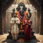 "Ultra-realistic 8K photo of a young Indian couple standing barefoot in a temple courtyard, praying before a large stone Lord Ganesha murti. The man wears a cream kurta-dhoti, the woman wears a red saree with gold embroidery. Golden sunlight streams through temple pillars, highlighting the ornate murti adorned with garlands and gold ornaments."