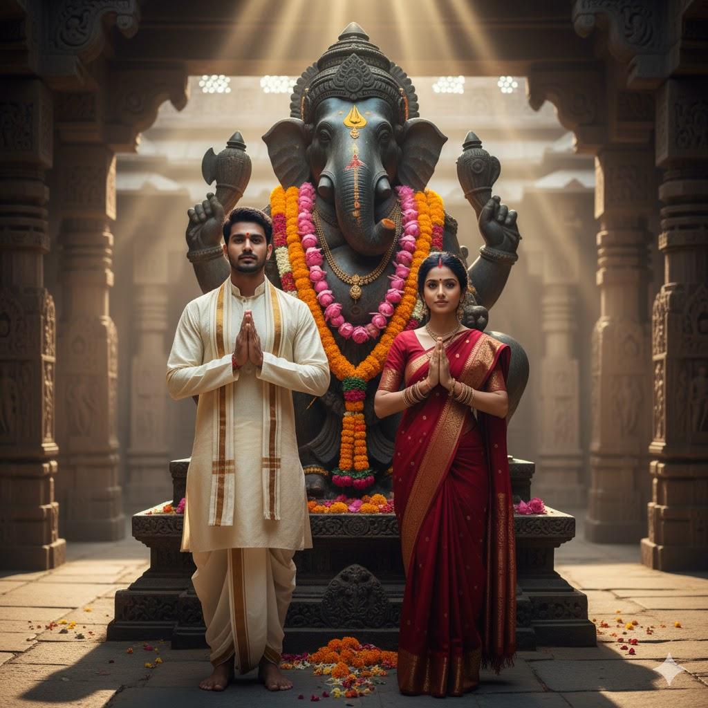 "Ultra-realistic 8K photo of a young Indian couple standing barefoot in a temple courtyard, praying before a large stone Lord Ganesha murti. The man wears a cream kurta-dhoti, the woman wears a red saree with gold embroidery. Golden sunlight streams through temple pillars, highlighting the ornate murti adorned with garlands and gold ornaments."