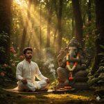 "Ultra-realistic 8K photograph of a young Indian man kneeling barefoot in a dense jungle, wearing saffron dhoti and shawl, with a rudraksha mala. He faces a large ancient stone Ganesha idol adorned with moss, marigolds, and glowing diyas under moonlight and soft mist. Fireflies and incense smoke create a mystical devotional atmosphere."