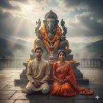 "Ultra-realistic 8K photo of a young Indian couple kneeling in front of a stone Lord Ganesha murti on a temple terrace. The man wears a beige kurta, the woman an orange-red saree with gold embroidery. Morning mist surrounds them as sunlight pierces the clouds, highlighting the couple and the decorated murti with gold ornaments and fresh garlands. Entirely realistic, no cartoon elements."