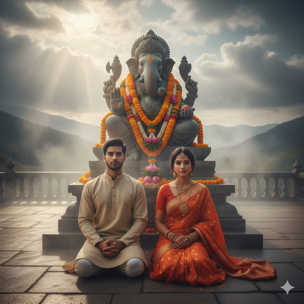 "Ultra-realistic 8K photo of a young Indian couple kneeling in front of a stone Lord Ganesha murti on a temple terrace. The man wears a beige kurta, the woman an orange-red saree with gold embroidery. Morning mist surrounds them as sunlight pierces the clouds, highlighting the couple and the decorated murti with gold ornaments and fresh garlands. Entirely realistic, no cartoon elements."