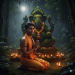 Ultra-realistic 8K photograph of a young Indian man kneeling in a dense jungle clearing, wearing saffron dhoti and shawl, facing the camera with calm devotional expression. Behind him is a large ancient stone idol of Lord Ganesha, adorned with moss and marigolds, illuminated by moonlight and diyas. Mystical mist, fireflies, and incense create a sacred atmosphere. Fully real, cinematic, and spiritual.