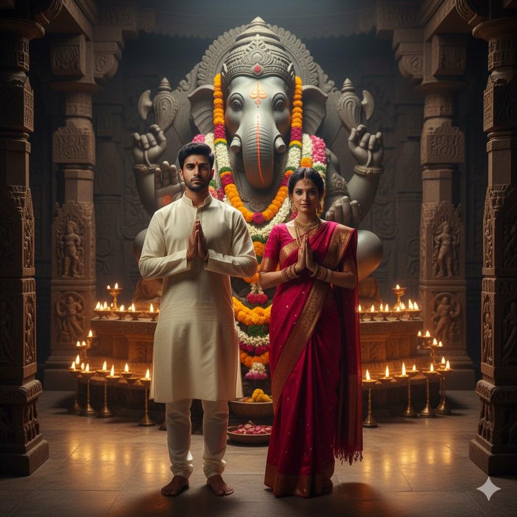 Ultra-realistic 8K photograph of a young Indian couple standing in prayer before a detailed stone Lord Ganesha murti inside a temple hall. The man wears cream kurta-pajama, the woman wears a maroon saree with gold embroidery, illuminated by warm oil lamps.