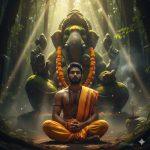 Ultra-realistic 8K photograph of a young Indian man kneeling barefoot in a jungle clearing, wearing saffron dhoti and shawl with a rudraksha mala. He faces the camera with a calm, devotional expression. Behind him, a giant stone idol of Lord Ganesha looms majestically, slightly blurred. Golden sunlight or moonlight filters through dense foliage, with mist and drifting incense smoke creating a peaceful, sacred, and natural atmosphere. Fully real, cinematic, and spiritual.