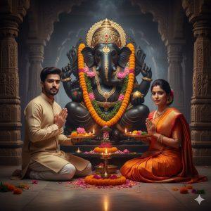 Ultra-realistic 8K photograph of an Indian couple performing aarti before a large Lord Ganesha idol inside a traditional temple, surrounded by marigold flowers, oil lamps, and warm golden lighting.