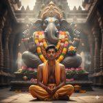 Ultra-realistic 8K close-up photograph of a young Indian man kneeling barefoot in a temple courtyard, wearing a saffron shawl and rudraksha mala. He faces the camera with a calm, serene expression. Behind him is a massive, intricately carved stone murti of Lord Ganesha, adorned with gold, jewels, fresh marigold and lotus garlands, sandalwood paste, and subtle moss. Warm sunlight filters through the temple, highlighting the man’s facial features and softly illuminating the Ganesha idol. Incense smoke rises faintly, and flower petals are scattered on the polished stone floor. Fully realistic, devotional, and cinematic.