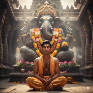 Ultra-realistic 8K close-up photograph of a young Indian man kneeling barefoot in a temple courtyard, wearing a saffron shawl and rudraksha mala. He faces the camera with a calm, serene expression. Behind him is a massive, intricately carved stone murti of Lord Ganesha, adorned with gold, jewels, fresh marigold and lotus garlands, sandalwood paste, and subtle moss. Warm sunlight filters through the temple, highlighting the man’s facial features and softly illuminating the Ganesha idol. Incense smoke rises faintly, and flower petals are scattered on the polished stone floor. Fully realistic, devotional, and cinematic.