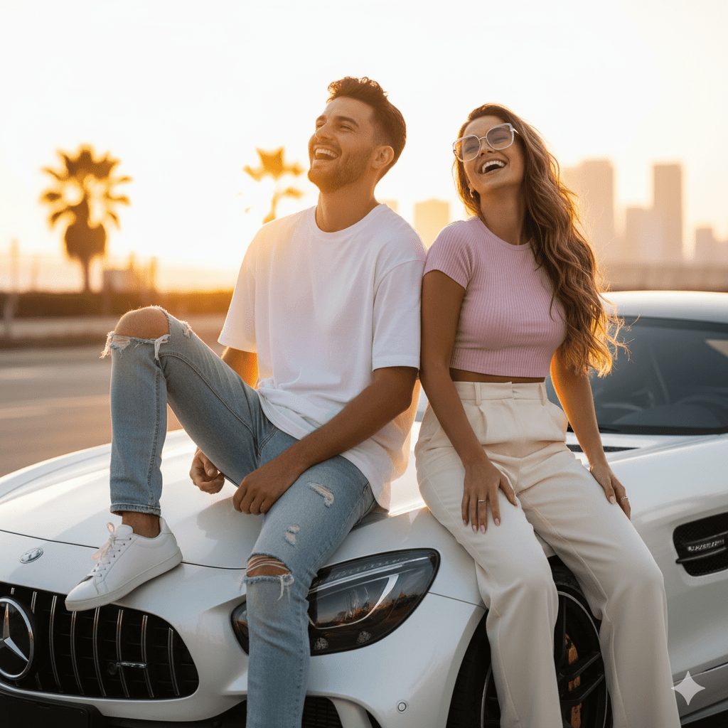 "Stylish young couple sitting on the hood of a luxury car at sunset, man in ripped jeans and oversized white t-shirt with sneakers, woman in pastel crop top and high-waisted trousers with sunglasses, sharing playful romantic laughter in a modern cool vibe."