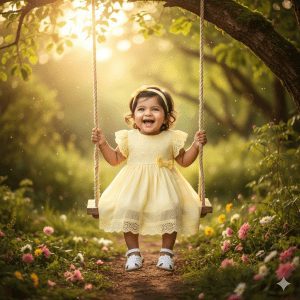 “1-year-old Indian baby girl sitting on a wooden swing outdoors, wearing a pastel yellow dress and laughing, surrounded by greenery and sunlight”