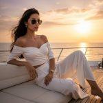 A modern stylish girl sitting on a luxury yacht during a golden sunset, wearing a white elegant outfit with flowing hair, chic sunglasses, and minimal accessories, exuding confidence and luxury fashion vibes in warm cinematic lighting.