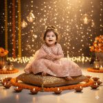 "Adorable baby girl celebrating Diwali in pastel lehenga with golden accents, surrounded by glowing diyas, floating lights, and warm sunlight. Ultra-realistic 8K cinematic photo with dreamy bokeh and festive atmosphere."