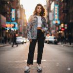Ultra-realistic 8K cinematic portrait of a young stylish woman wearing an oversized denim jacket, white crop top, and black jeans on a modern city street during golden hour with glowing neon reflections.
