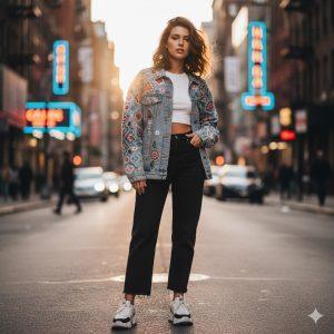 Ultra-realistic 8K cinematic portrait of a young stylish woman wearing an oversized denim jacket, white crop top, and black jeans on a modern city street during golden hour with glowing neon reflections.