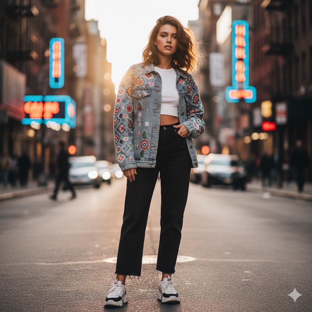 Ultra-realistic 8K cinematic portrait of a young stylish woman wearing an oversized denim jacket, white crop top, and black jeans on a modern city street during golden hour with glowing neon reflections.