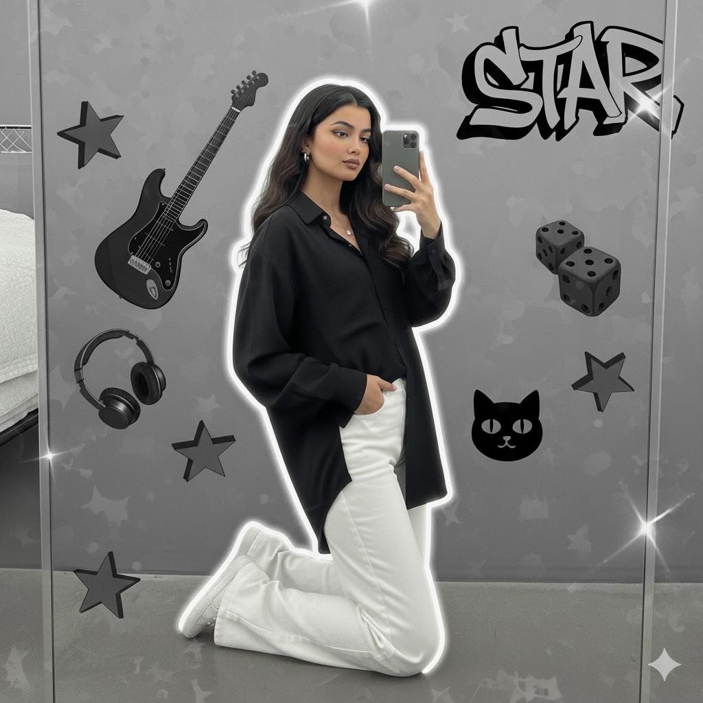 Ultra-realistic 8K cinematic portrait of a young woman kneeling near a mirror, wearing a loose black shirt and white pants, holding a phone for a selfie. Natural hair flow, soft white outline glow, and a modern grayscale collage background featuring an electric guitar, cat face decor, dice, “STAR” graffiti, and glowing 3D stars. Dreamy Instagram-style composition with artistic lighting and mood.