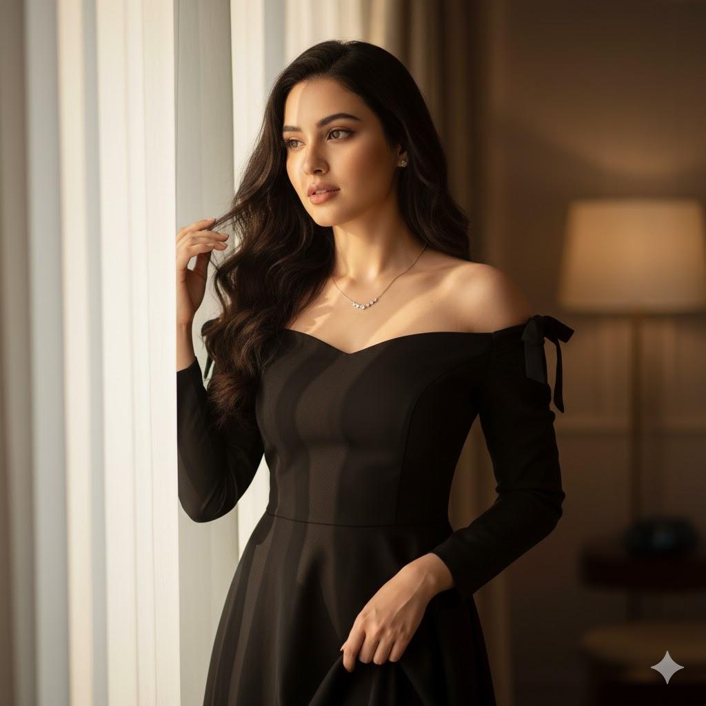Ultra-realistic 12K cinematic portrait of a young woman with long dark wavy hair standing near a softly lit window, wearing a black off-shoulder dress and delicate necklace, illuminated by warm sunlight through sheer curtains.