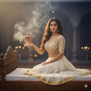 Ultra-realistic 12K cinematic photograph of a young Indian woman sitting gracefully on a carved wooden bed with a white textured sheet, holding a clay dhunuchi in one hand. She wears a cream traditional blouse with golden borders and a flowing embroidered white skirt, surrounded by incense smoke, warm golden light, and flickering diyas in a temple-like Bollywood setting.