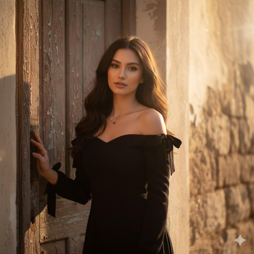 Ultra-realistic 12K cinematic portrait of a young woman with long dark wavy hair standing near an old rustic doorway in golden evening light, wearing a black off-shoulder dress and gold necklace, with natural sunlight glow and lifelike detail.
