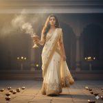 12K ultra-realistic cinematic frame of a young Indian woman walking toward the camera with a clay dhunuchi in hand, surrounded by swirling incense smoke, warm golden light, and flickering diyas. She wears a cream blouse and flowing white skirt, radiating strength, devotion, and cinematic grace.