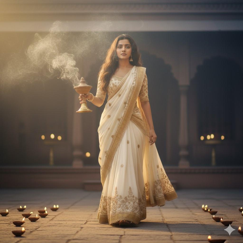 12K ultra-realistic cinematic frame of a young Indian woman walking toward the camera with a clay dhunuchi in hand, surrounded by swirling incense smoke, warm golden light, and flickering diyas. She wears a cream blouse and flowing white skirt, radiating strength, devotion, and cinematic grace.