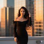 Ultra-realistic 12K cinematic photograph of a young woman with long dark wavy hair standing on a rooftop during golden hour, wearing a black off-shoulder dress and necklace, illuminated by warm sunlight with a blurred city skyline behind her.