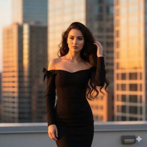 Ultra-realistic 12K cinematic photograph of a young woman with long dark wavy hair standing on a rooftop during golden hour, wearing a black off-shoulder dress and necklace, illuminated by warm sunlight with a blurred city skyline behind her.