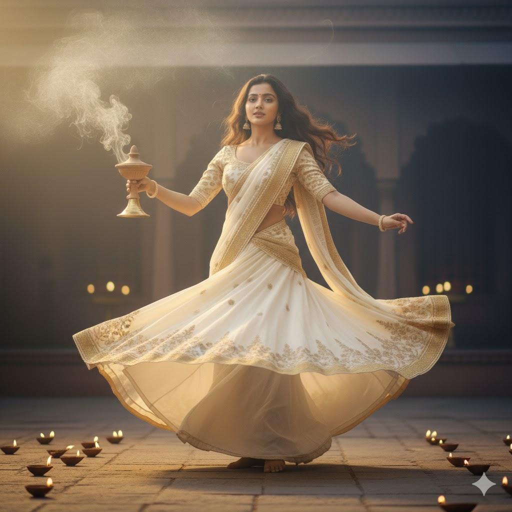 Graceful Indian Woman Mid-Twirl with Dhunuchi