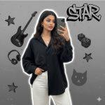 Stylish young girl taking a mirror selfie, wearing a loose black shirt and white pants, holding her shirt casually with one hand. Minimal jewelry, soft realistic lighting, and a subtle white outline glow. Background features a modern grayscale collage with electric guitar, headphones, dice, cat face decor, 3D stars, and "STAR" graffiti text — an artistic, trendy Instagram-style composition.