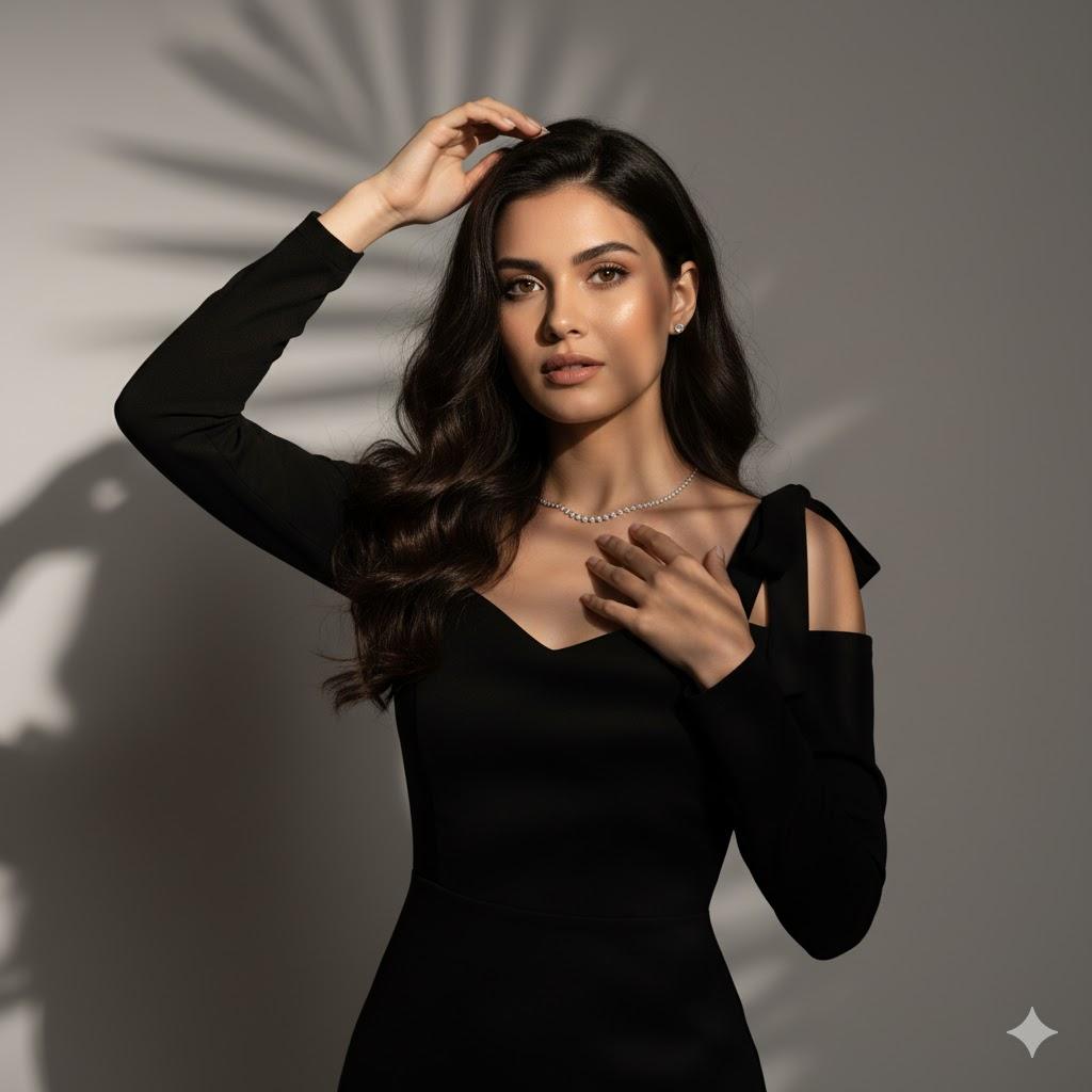 Ultra-realistic 12K cinematic portrait of a young woman with long dark wavy hair standing near a softly lit window, wearing a black off-shoulder dress and delicate necklace, illuminated by warm natural sunlight.