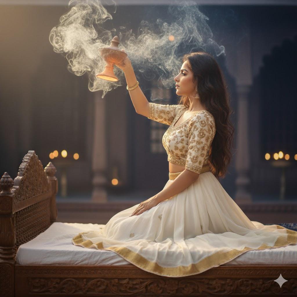 Hyper-realistic 12K cinematic portrait of a young Indian woman performing a devotional ritual with a glowing dhunuchi, surrounded by golden temple light and incense smoke, kneeling on a carved wooden bed in traditional attire.