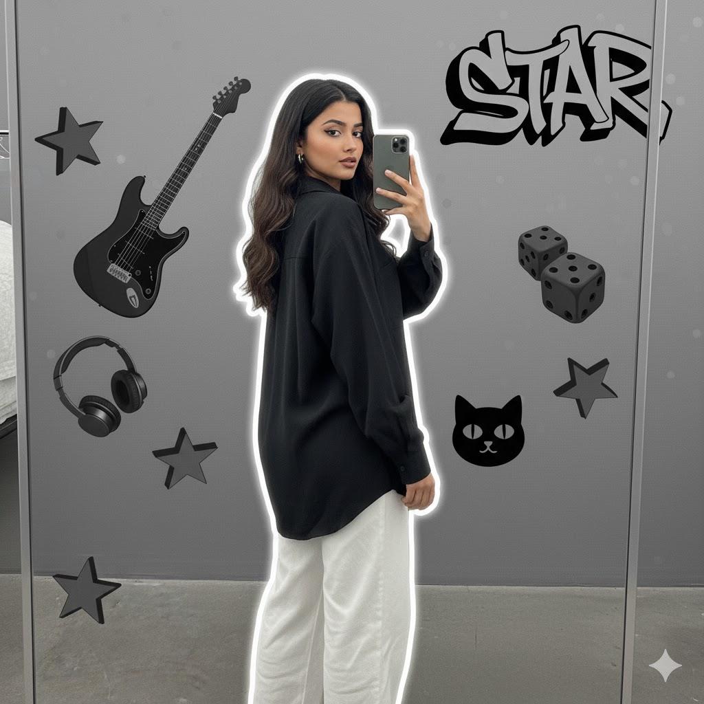 Ultra-detailed 8K cinematic Instagram-style portrait of a stylish young woman standing with her back slightly turned toward a mirror, looking over her shoulder at the camera. She wears a loose black shirt and white pants with minimal jewelry, holding her phone casually. Realistic lighting, soft white outline glow, and grayscale background collage featuring an electric guitar, headphones, dice, cat face decor, metallic stars, and “STAR” graffiti text.