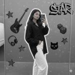 Ultra-realistic 8K cinematic portrait of a stylish young girl taking a mirror selfie, wearing a loose black shirt and white pants. Minimal jewelry, soft white glow, modern grayscale collage background with guitar, dice, cat face, 3D stars, and ‘STAR’ graffiti — artistic monochrome Gemini aesthetic.
