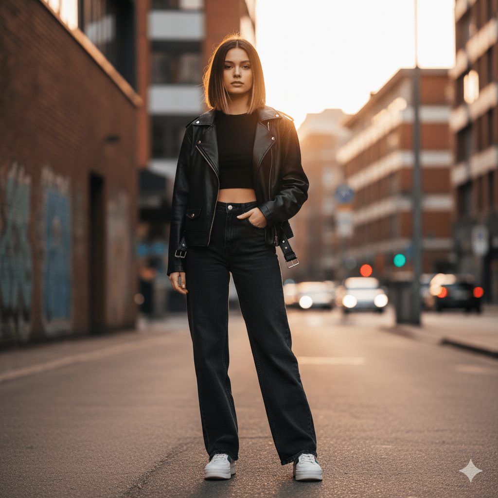 A stylish young woman stands confidently in an urban city setting, wearing high-waist jeans, a crop top, a leather jacket, and trendy sneakers. Her sleek, shoulder-length hair with subtle highlights glows under soft golden-hour lighting. The background features modern architecture, graffiti walls, and blurred bokeh lights, captured in ultra-detailed 8K resolution with cinematic lighting.