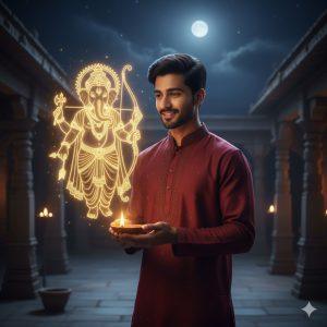 Ultra-realistic 8K cinematic portrait of a young Indian man in a maroon embroidered kurta holding a glowing diya before a golden hologram of Lord Ganesha in a temple courtyard under a moonlit sky.