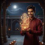 Ultra-realistic 8K cinematic portrait of a young Indian man in a maroon embroidered kurta holding a glowing diya before a golden hologram of Goddess Lakshmi Ji in a temple courtyard under a moonlit sky.