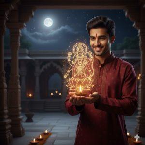 Ultra-realistic 8K cinematic portrait of a young Indian man in a maroon embroidered kurta holding a glowing diya before a golden hologram of Goddess Lakshmi Ji in a temple courtyard under a moonlit sky.