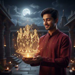 Ultra-realistic 8K cinematic portrait of a young Indian man in a maroon embroidered kurta holding a glowing diya before a divine golden hologram of Lord Ram, Lakshman, and Janki in a temple courtyard under a moonlit sky.