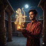 Ultra-realistic cinematic AI portrait of a young Indian man holding a diya before a golden hologram of Lord Hanuman Ji in a temple courtyard at night.