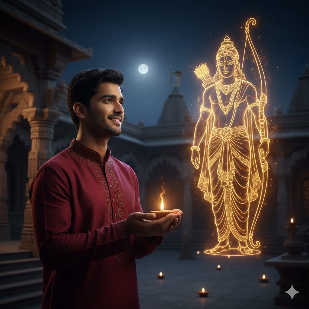 Ultra-realistic cinematic portrait of a young Indian man in a maroon embroidered kurta holding a glowing diya before a divine hologram of Lord Rama in a temple courtyard at night.