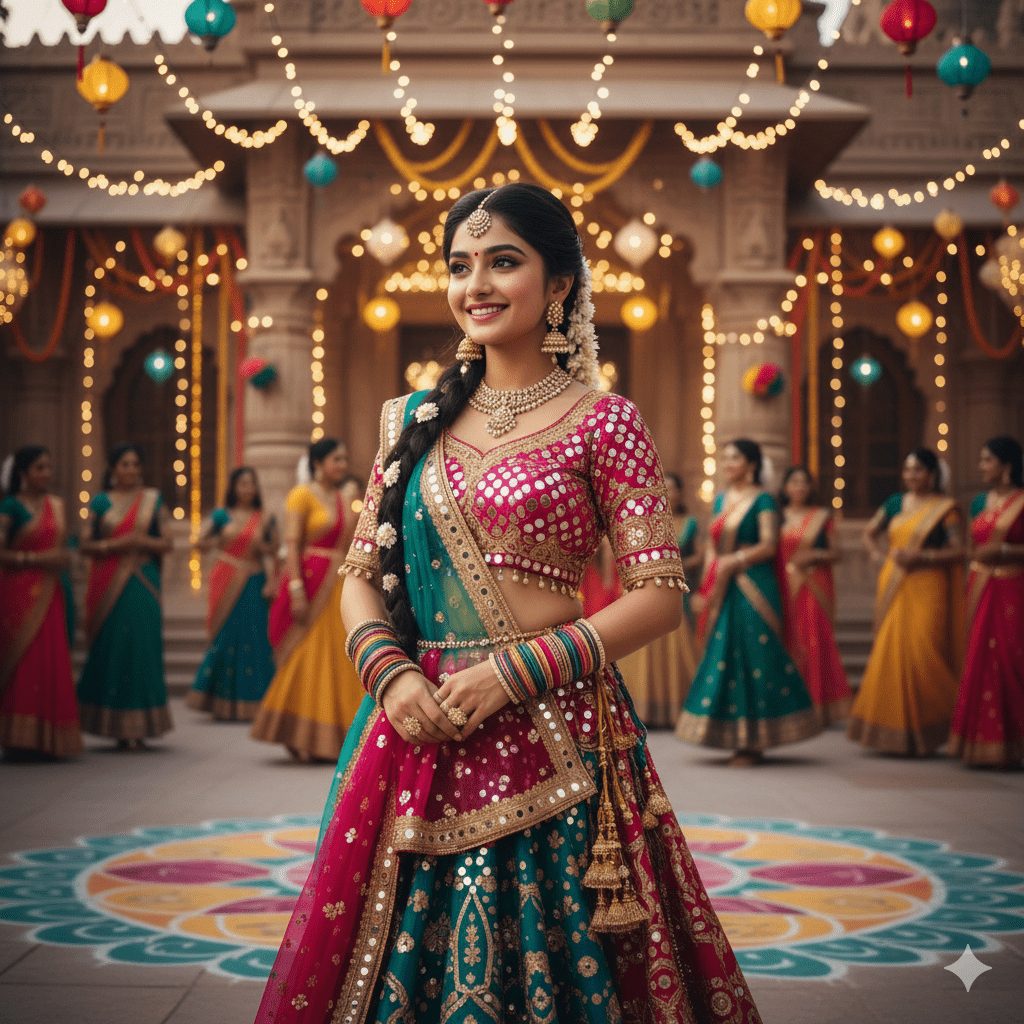 "Beautiful Indian woman in traditional Navratri attire wearing a pink and green lehenga with gold embroidery, adorned with jewelry and bangles, smiling in front of a decorated festive backdrop with colorful lanterns and lights."