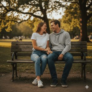 A young couple sits closely on a cozy outdoor bench in a sunlit park, laughing and leaning into each other naturally. The woman wears a simple white T-shirt and jeans, while the man wears a gray hoodie and jeans. They gaze at each other with genuine smiles, surrounded by trees with soft sunlight filtering through, casting realistic shadows. The scene captures authentic, unposed emotions with an everyday vibe.