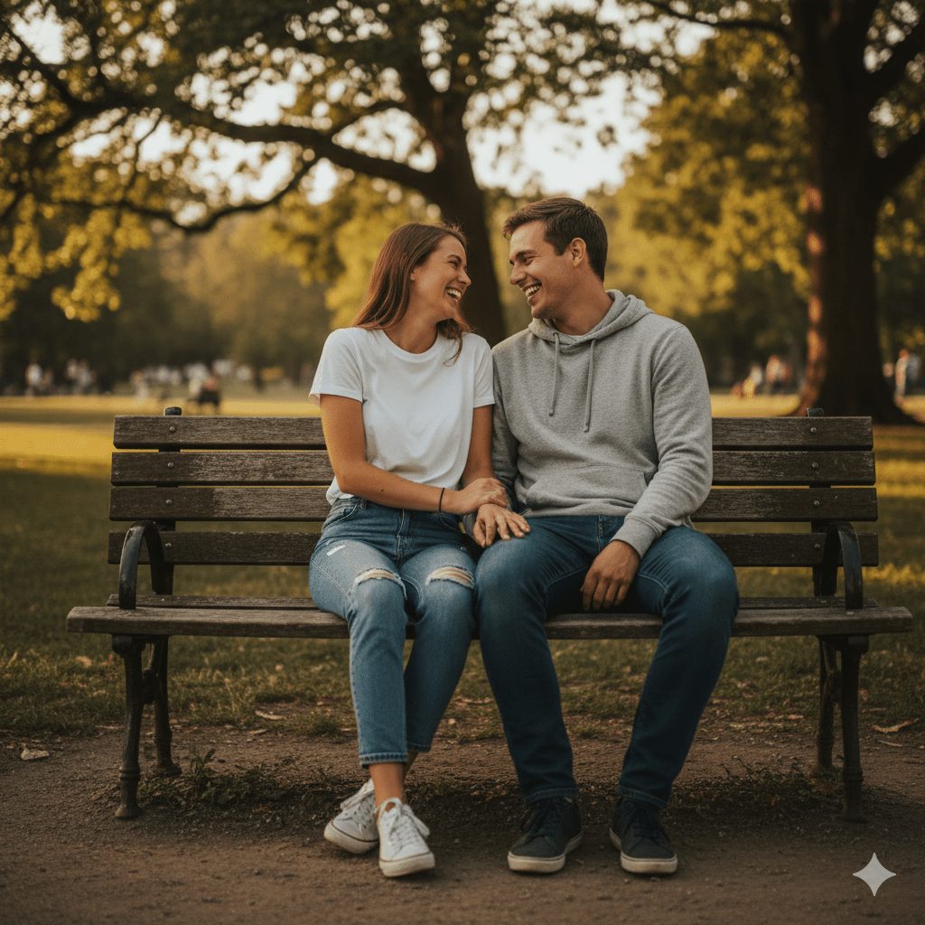 A young couple sits closely on a cozy outdoor bench in a sunlit park, laughing and leaning into each other naturally. The woman wears a simple white T-shirt and jeans, while the man wears a gray hoodie and jeans. They gaze at each other with genuine smiles, surrounded by trees with soft sunlight filtering through, casting realistic shadows. The scene captures authentic, unposed emotions with an everyday vibe.