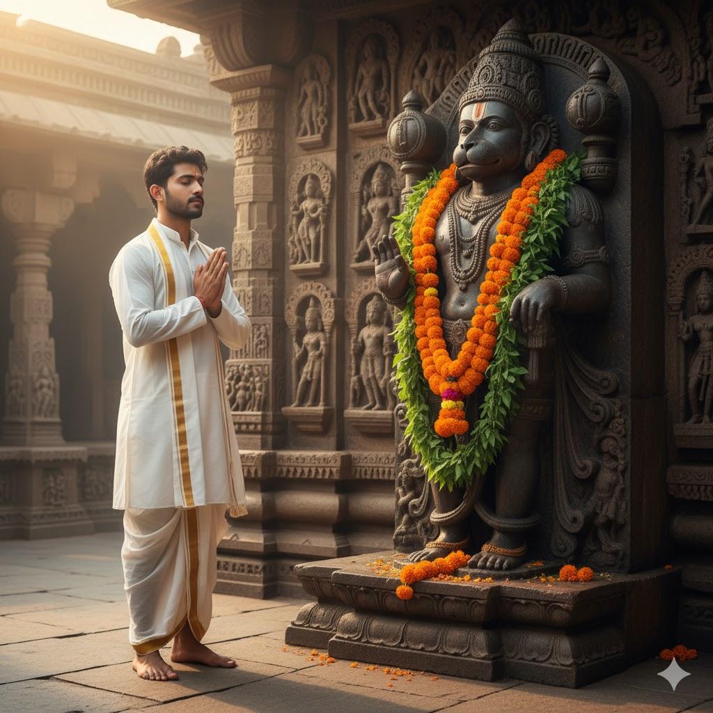 "Ultra-realistic 8K photo of a young Indian man in white kurta and dhoti with golden border, standing barefoot with folded hands in front of a grand Hanuman murti at a real Indian temple, illuminated by morning sunlight, with marigold and tulsi garlands, serene and spiritual atmosphere."