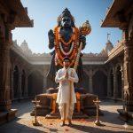 Ultra-realistic 8K image of a young Indian man in traditional South Indian attire (white dhoti and kurta with golden border) standing barefoot in front of a massive Hanuman murti at a real temple. Hands folded in prayer, calm expression, morning sunlight highlighting vibrant garlands, temple carvings, brass oil lamps, and scattered flower petals.