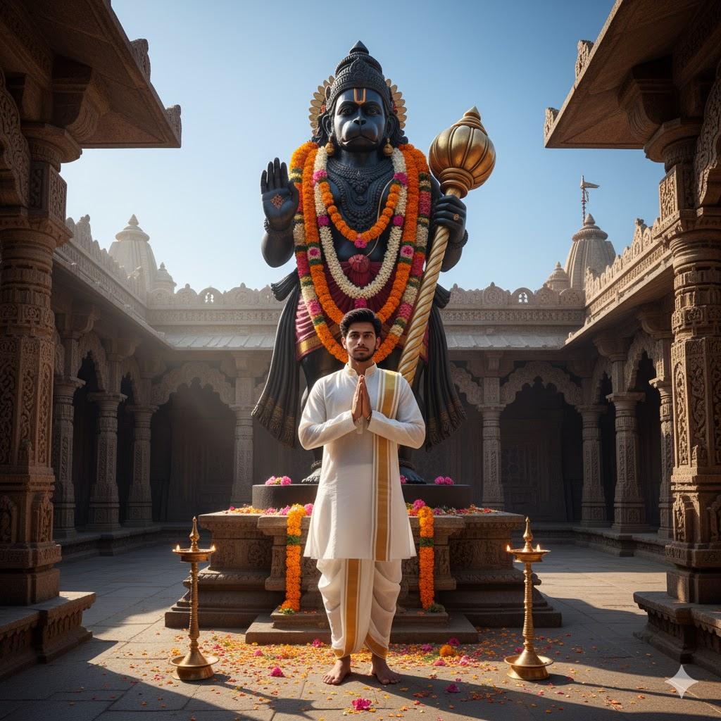 Ultra-realistic 8K image of a young Indian man in traditional South Indian attire (white dhoti and kurta with golden border) standing barefoot in front of a massive Hanuman murti at a real temple. Hands folded in prayer, calm expression, morning sunlight highlighting vibrant garlands, temple carvings, brass oil lamps, and scattered flower petals.