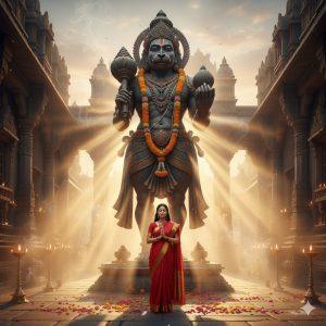 "Young Indian woman in red and gold saree praying with folded hands before a majestic Hanuman murti in a serene temple courtyard at sunrise, with golden sunlight, flower petals, and incense smoke creating a spiritual atmosphere."
