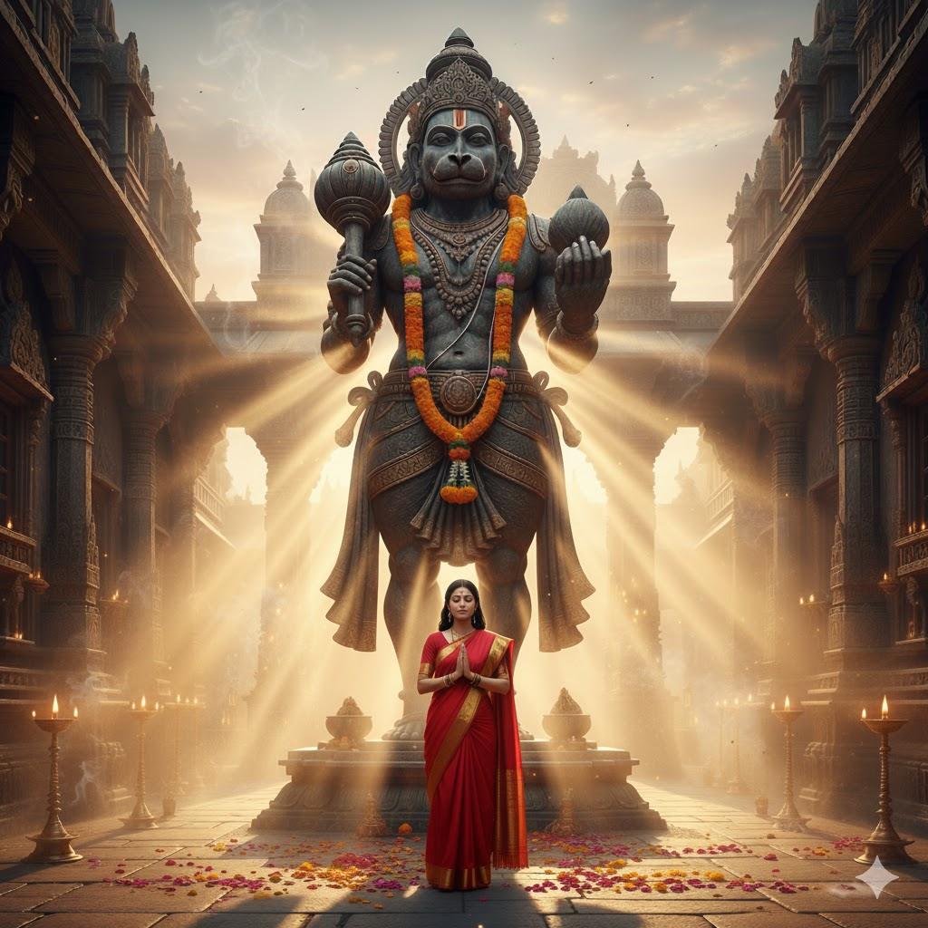 "Young Indian woman in red and gold saree praying with folded hands before a majestic Hanuman murti in a serene temple courtyard at sunrise, with golden sunlight, flower petals, and incense smoke creating a spiritual atmosphere."