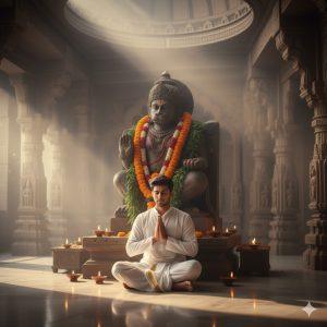 Ultra-realistic 8K photograph of a young Indian man sitting cross-legged on polished marble in a large Hanuman temple. He wears traditional white kurta and dhoti with golden border, eyes closed, hands folded in prayer. A towering Hanuman murti adorned with glowing diyas, marigold garlands, and red sindoor stands under the temple dome, radiating divine energy.